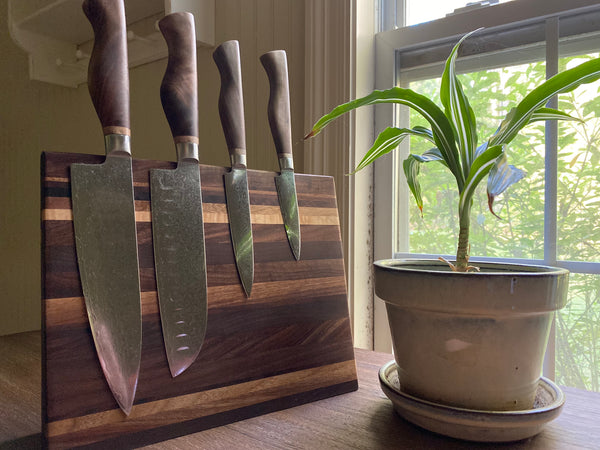 Black Walnut and Maple Knives and Magnetic Block